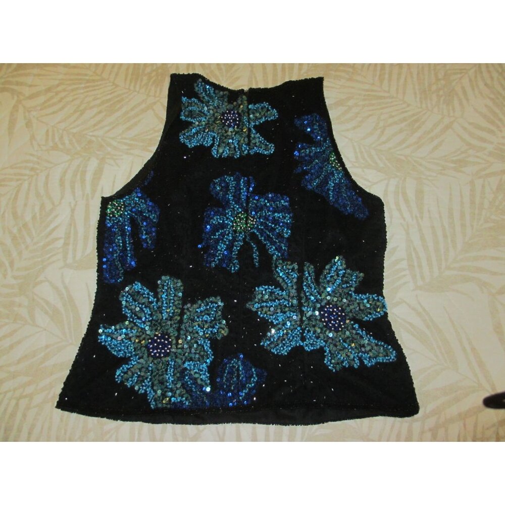 Laurence Kazar Paris New York Black Sleeveless Sequined Beaded Floral Silk Top M